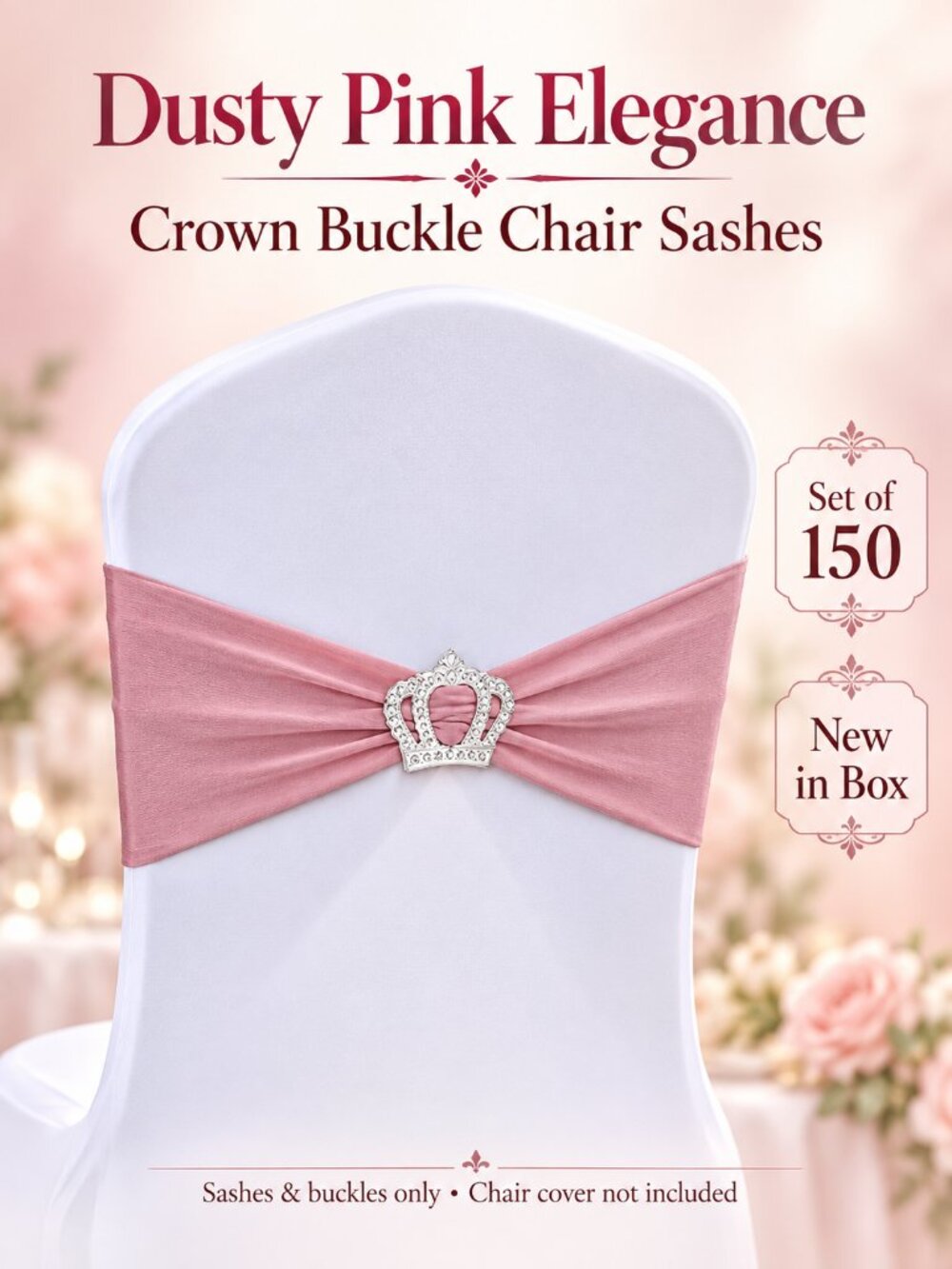 150 Dusty Pink Stretch Chair Sashes Silver Crown Buckles Wedding Decor New